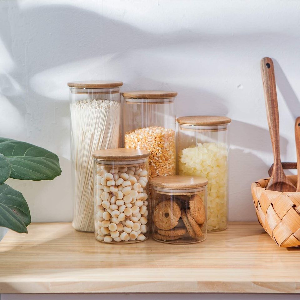 White Textured Ceramic Canisters with Bamboo Lids Set of 2 - World Market