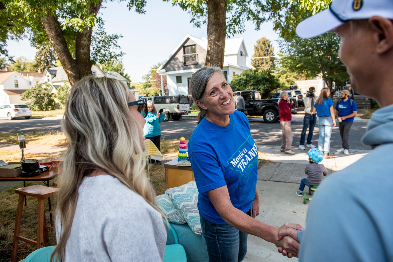 Monica Tranel campaigns for Montana's newly created U.S. House seat on Sept. 17, 2022, in Bozeman, Montana. 