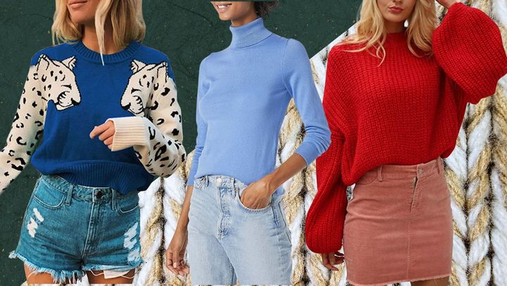 A leopard-designed knitted pullover, a lightweight turtleneck and an oversized cropped sweater with ballon sleeves. 