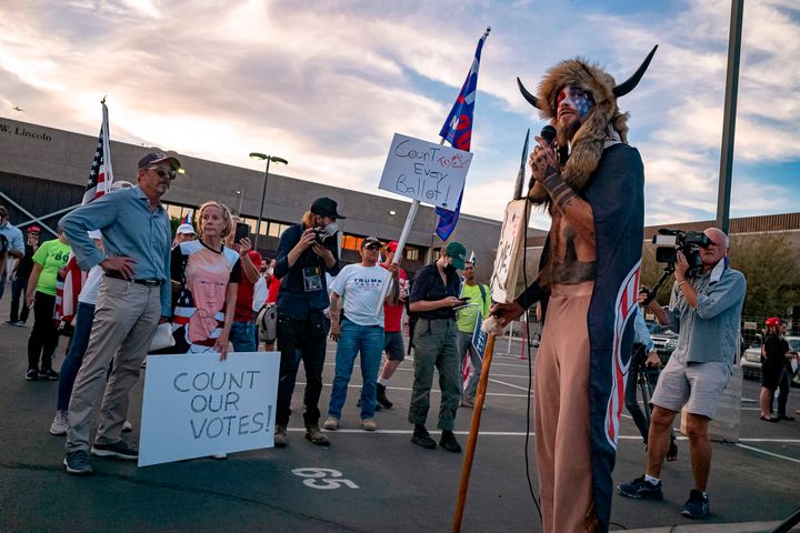 Supporters of President Donald Trump gather Nov. 5, 2020, to protest outside the Maricopa County Election Department as counting continues in Phoenix.