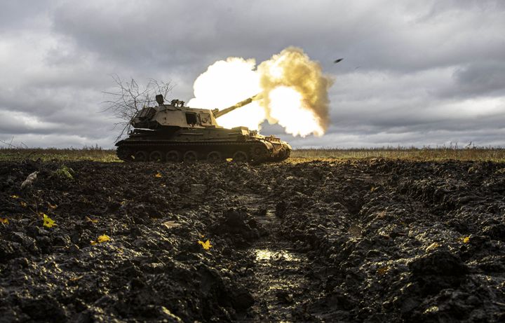 Howitzers of the 53rd Mechanized Brigade fire towards Russian points in Bakhmut, Donetsk Oblast, Ukraine, on Oct. 28.