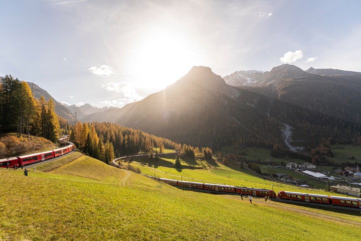 The extra-long Rhaetian Railway train is seen Saturday, Oct. 29.