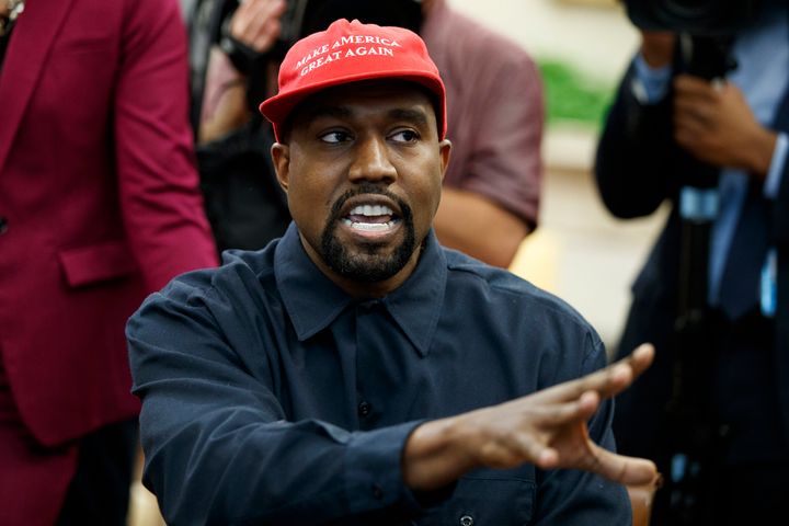 FILE - Rapper Kanye West speaks during a meeting in the Oval Office of the White House with President Donald Trump, Thursday, Oct. 11, 2018, in Washington. Kanye West was escorted out of the California headquarters of athletic shoemaker Skechers Wednesday, Oct. 26, 2022 after he showed up unannounced. Skechers says West, also known as Ye, also engaged in unauthorized filming at its corporate headquarters in Manhattan Beach and was escorted out by two executives. (AP Photo/Evan Vucci, File)