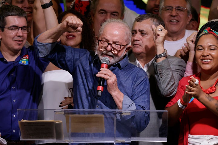 SAO PAULO, BRAZIL - OCTOBER 30: Candidate Luiz Inácio Lula Da Silva speaks after being elected president of Brazil over incumbent Bolsonaro by a thin margin on the runoff at Intercontinental Hotel on October 30, 2022 in Sao Paulo, Brazil. Brazil electoral authority announced that da Silva defeated incumbent Bolsonaro and will rule the country from 2023 to 2027. (Photo by Alexandre Schneider/Getty Images)