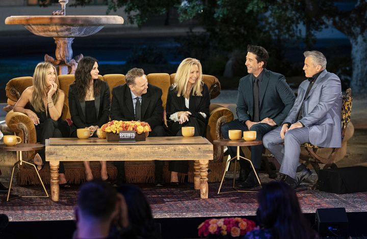 The cast of Friends pictured on the set of the show's reunion special