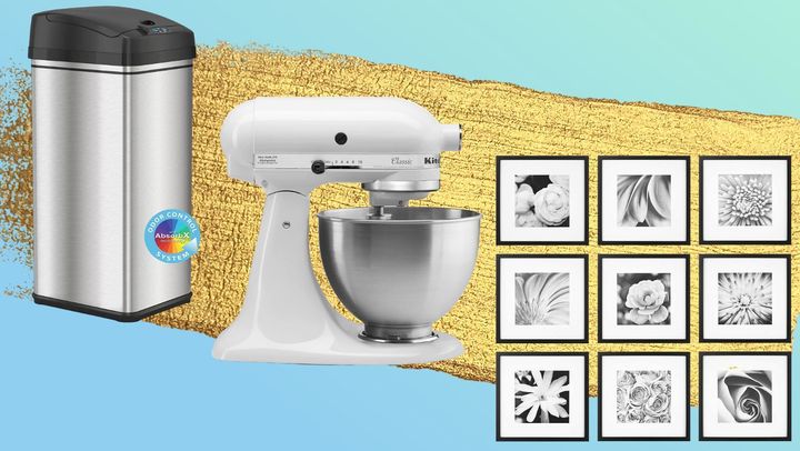 A touchless automatic trash can, the KitchenAid classic stand mixer and a six-frame gallery wall kit.