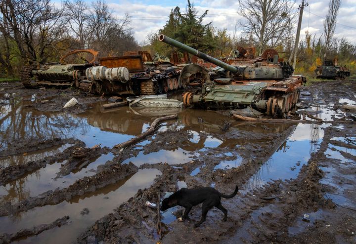Russian tanks damaged in recent fighting are seen near the recently retaken village of Kamianka, Kharkiv region, Ukraine, on Oct. 30, 2022.