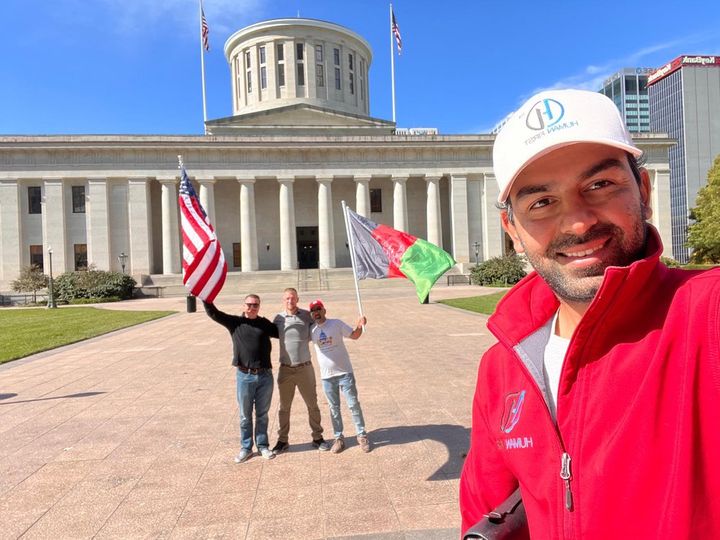 Safi Rauf (right) with other veterans and advocates at the Indiana State Capitol Building.