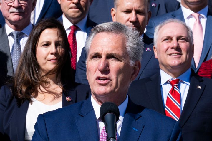 House Minority Leader Kevin McCarthy (R-Calif.) speaks during a news conference on the steps of the U.S. Capitol on Sept. 29, flanked by House Minority Whip Steve Scalise (R-La.) and House Republican Conference Chair Elise Stefanik (R-N.Y.). If Republicans take control of the House after the midterm elections, GOP leadership would likely reject any expansion of unemployment aid.