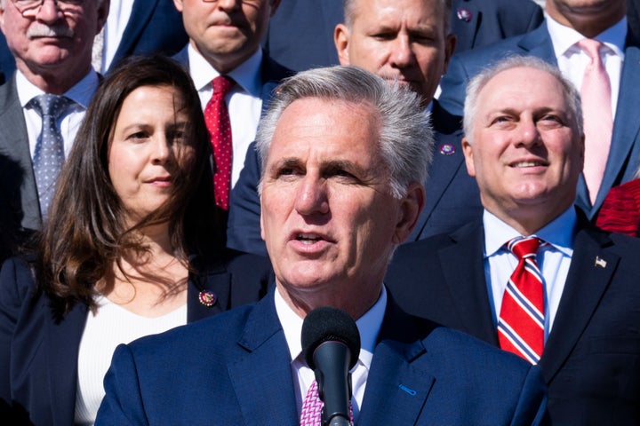 House Minority Leader Kevin McCarthy (R-Calif.) speaks during a news conference on the steps of the U.S. Capitol on Sept. 29, flanked by House Minority Whip Steve Scalise (R-La.) and House Republican Conference Chair Elise Stefanik (R-N.Y.). If Republicans take control of the House after the midterm elections, GOP leadership would likely reject any expansion of unemployment aid.