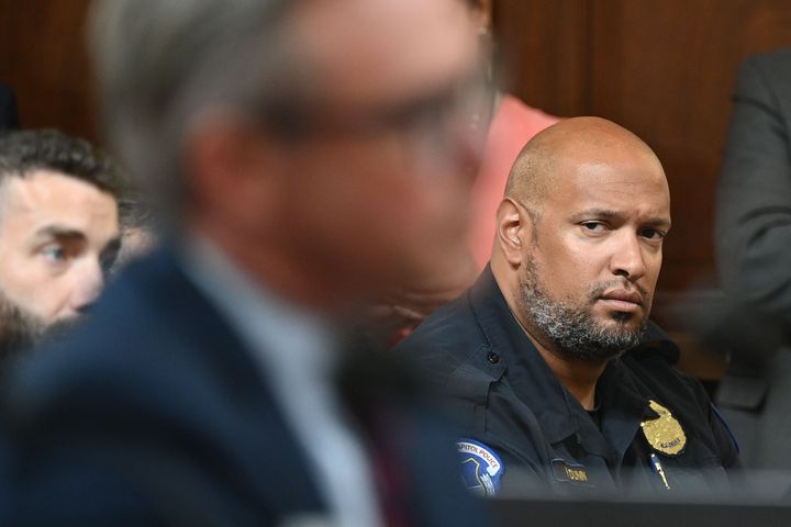 U.S. Capitol Police Officer Pfc. Harry Dunn at a June 13 hearing by the House select committee investigating the U.S. Capitol riot. He testified in a federal court Monday about his efforts to stop Oath Keepers from reaching House Speaker Nancy Pelosi's office on that day.