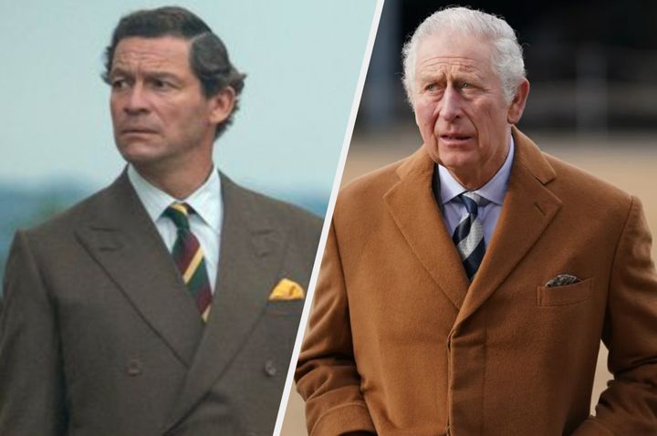 Dominic West as Prince Charles in The Crown and (R) King Charles