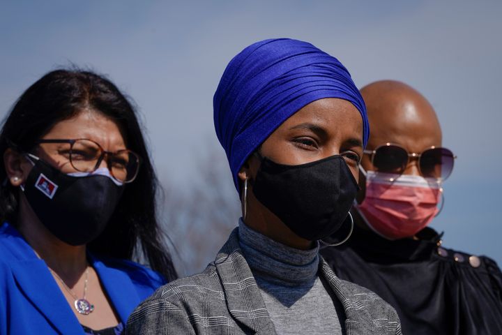 (L-R) Rep. Rashida Tlaib (D-MI), Rep. Ilhan Omar (D-MN) and Rep. Ayanna Pressley (D-MA) attend a news conference to discuss proposed legislation entitled Rent and Mortgage Cancellation Act outside the U.S. Capitol on March 11, 2021 in Washington, DC. The bill aims to institute a nationwide cancellation of rents and home mortgage payments through the duration of the coronavirus pandemic.