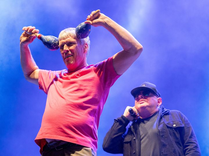 Bez (and his maracas) on stage with fellow Happy Mondays star Shaun Ryder.