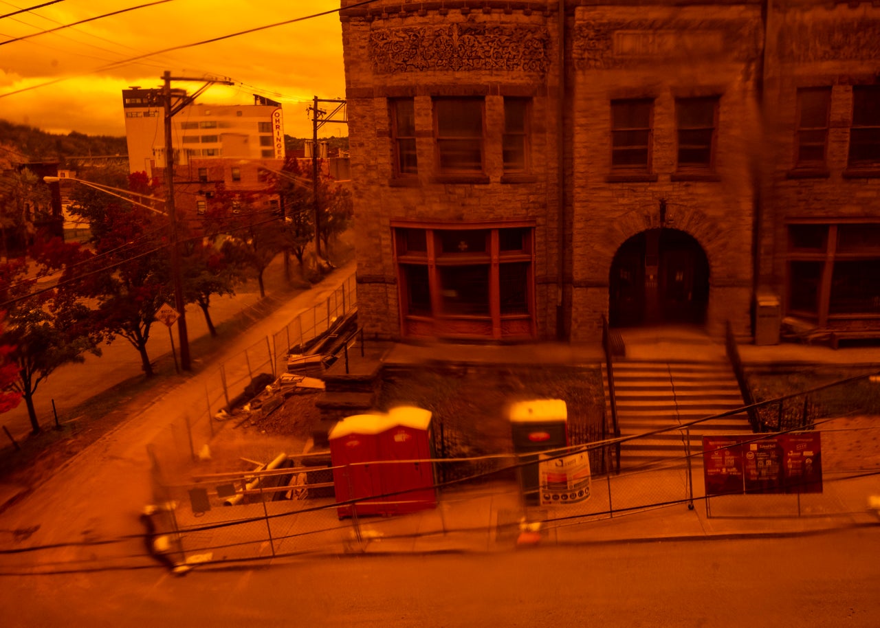 The Braddock Carnegie Library, seen through the stained-glass windows of the Braddock community center.