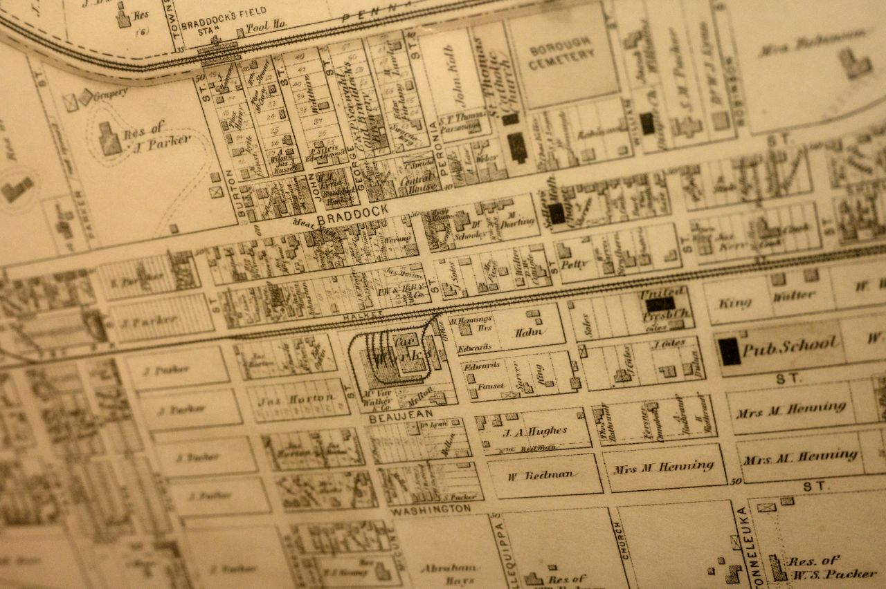 A map of Braddock from the late 1800s hangs on the wall at Peppers N'At, one of the town's few restaurants.
