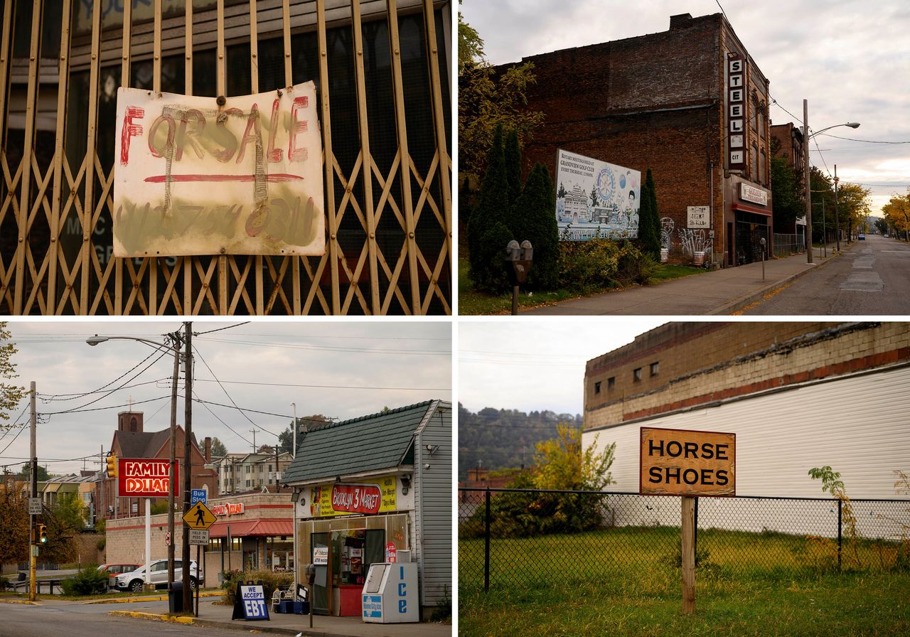 A “For sale” sign hangs on a storefront in Braddock; a large sign for the local Rotary Club chapter stands along the main street in Braddock; and horse shoes are advertised in a vacant lot in the business district.