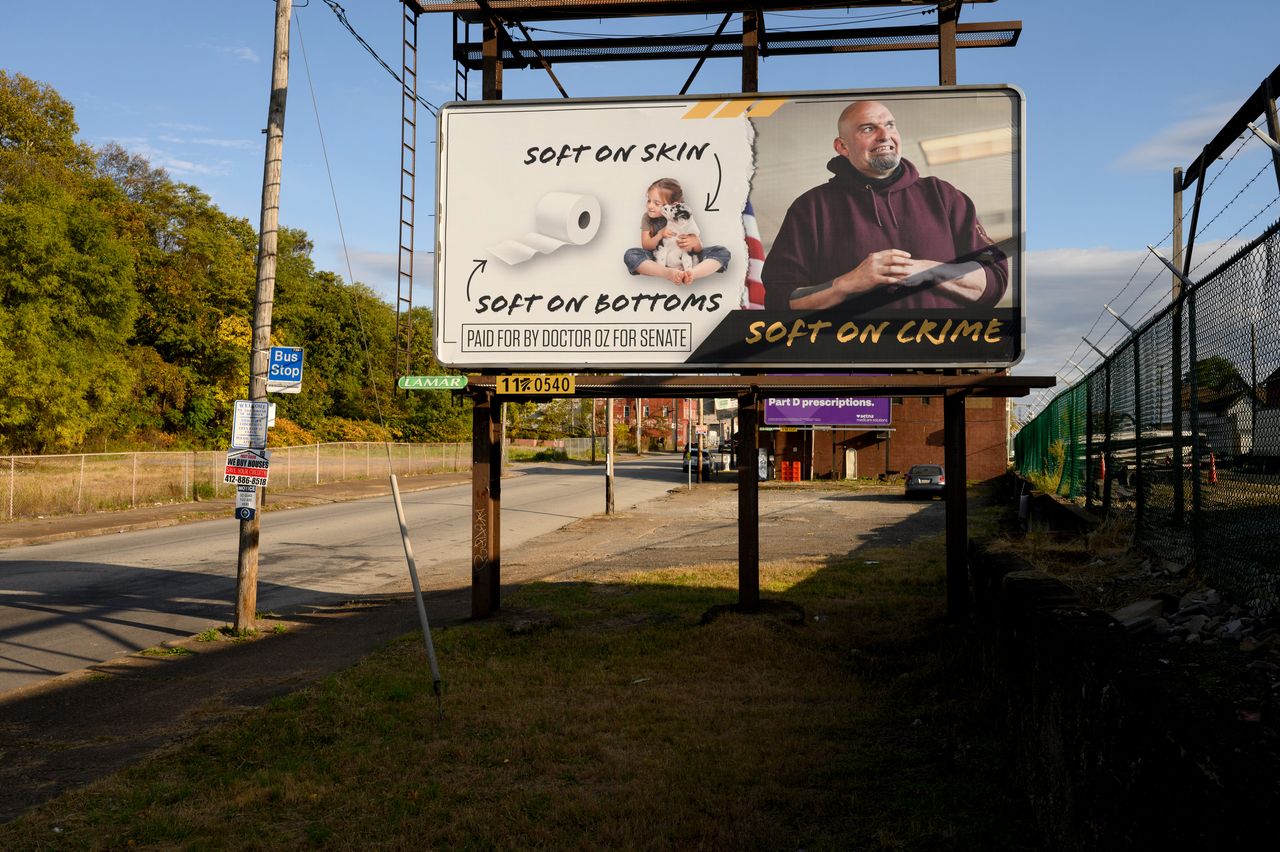 A billboard in Braddock, with a line at the bottom that says "Paid for by Doctor Oz for Senate," takes a shot at John Fetterman's campaign.