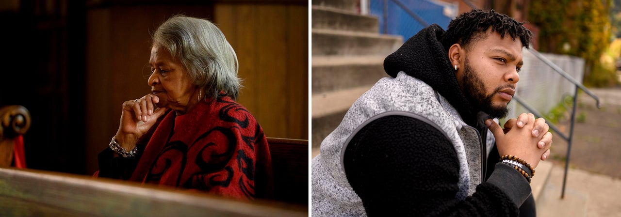 Annette Baldwin (left) listens to the sermon at Holliday Memorial AME Zion Church on Oct. 16 in Braddock. At right, Demetrius Baldwin sits on steps along the street where his grandmother Annette lives.