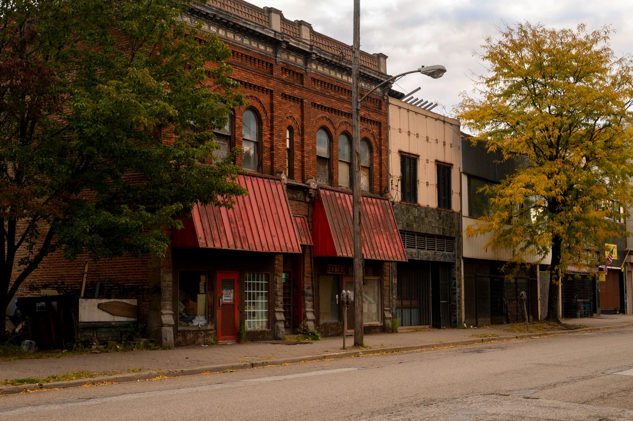 Shuttered businesses along the main street in Braddock on Oct. 16.