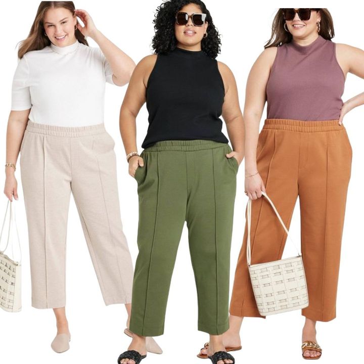 Office sweatpants in solid cream, olive and brown colors with a pintuck pleat down the leg.