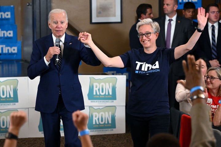 U.S. President Joe Biden introduces Democrat Tina Kotek at a reception in Portland, Oregon, on Oct. 14.