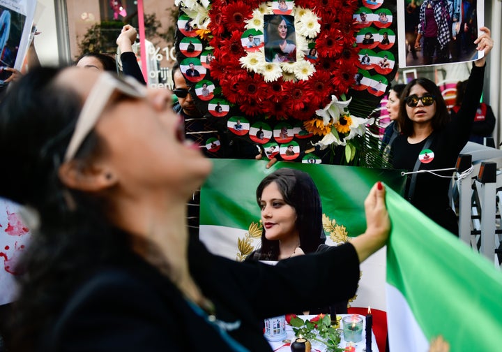 Protests in Iran, which started with the death of 22-year-old Mahsa Amini after being detained on the grounds that she did not comply with the headscarf rules, continue at the Iranian consulate on Oct. 31, 2022, in İstanbul, Turkey. 