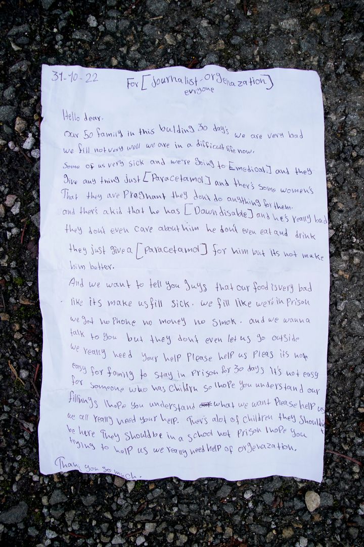 A letter thrown by a young girl over the fence at the Manston immigration short-term holding facility