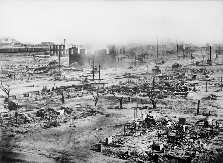 The Greenwood District is seen in ruins after a mob of white men destroyed the area's Black residences and businesses.