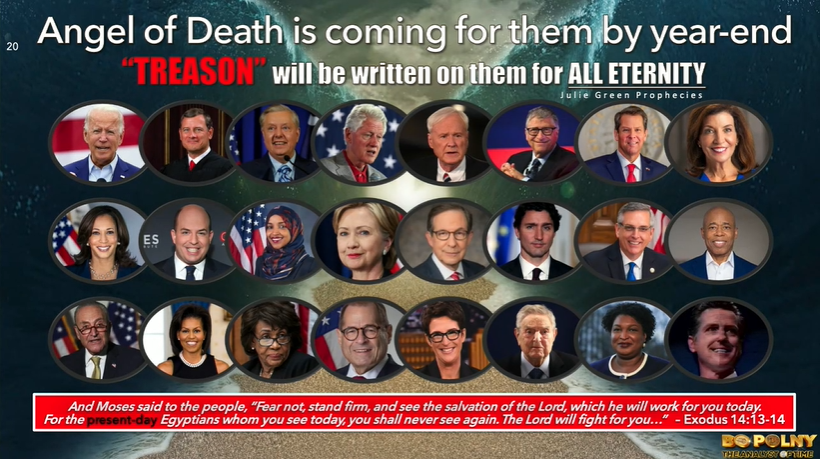 This graphic was projected onto a screen at the far-right Great ReAwakening show in Manheim on Oct. 21, prophesying that the "angel of death" will visit 24 political figures by the end of the year.