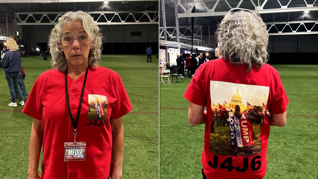 Micki Witthoeft, mother of Ashli Babbit, wore a T-shirt emblazoned with the letters “J4J6” — Justice For Jan. 6 — next to a photo of her daughter outside the Capitol building. 