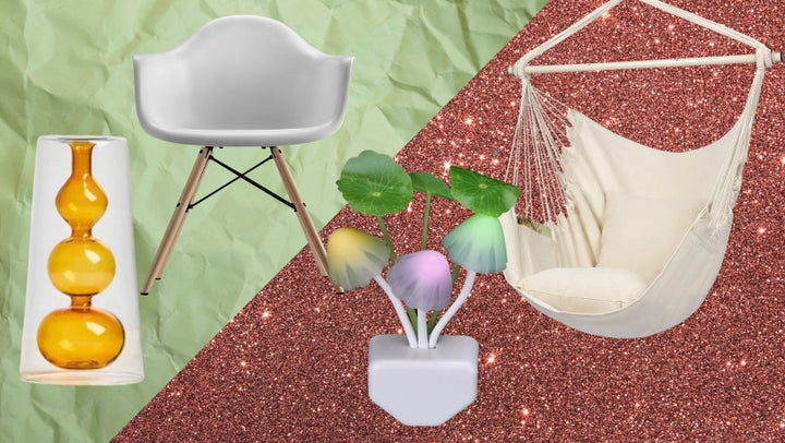 An art nouveau sculptural glass vase, a mid-century modern molded chair, a color changing mushroom LED nightlight and a hanging hammock chair.