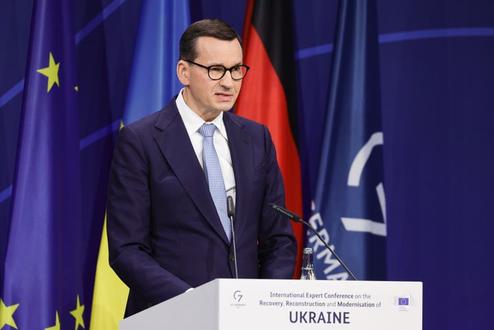 Polish Prime Minister Mateusz Morawiecki delivers a speech at an international conference on Oct. 25 in Berlin. Poland could face strict controls from the European Union on selling power.