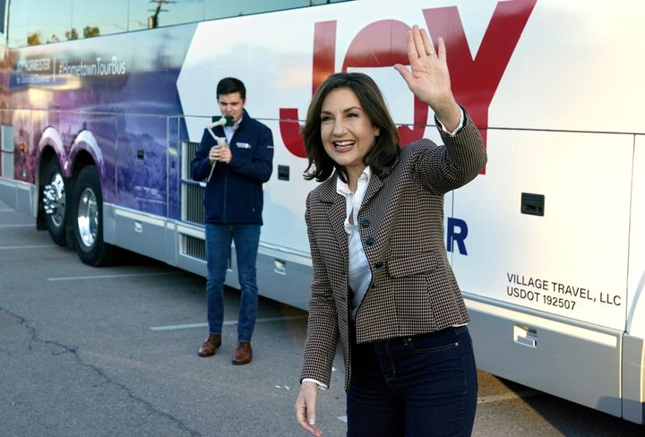 Joy Hofmeister, the Democratic candidate for governor in Oklahoma, waves during her Hometown Bus Tour on Tuesday.