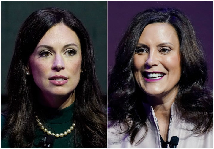 Michigan Republican gubernatorial candidate Tudor Dixon, left, and Michigan governor Gretchen Whitmer.