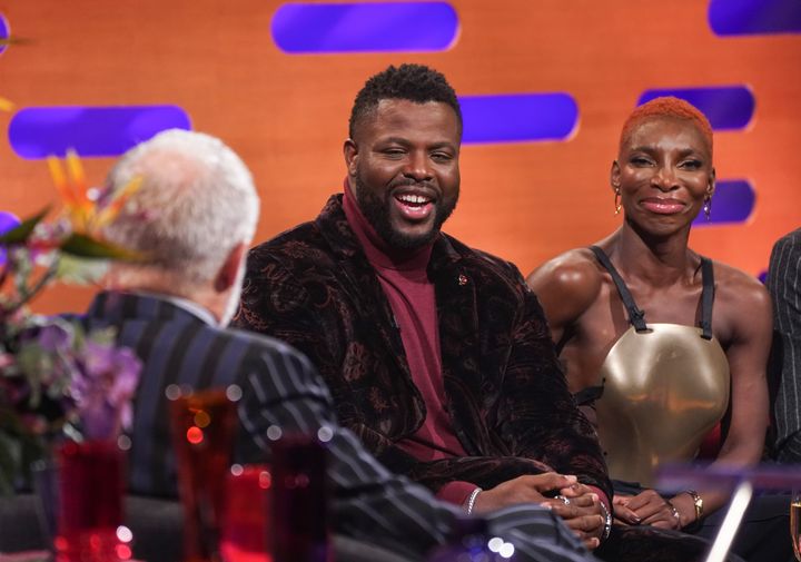Winston Duke and Michaela Coel during the filming for The Graham Norton Show
