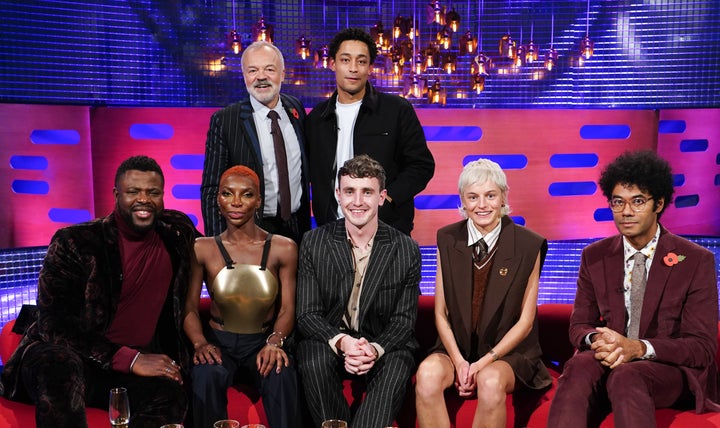 Winston and Michaela with Graham Norton, Loyle Carner, Paul Mescal, Emma Corrin and Richard Ayoade 