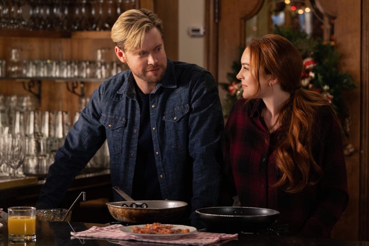 Chord Overstreet (left) and Lindsay Lohan in Netflix's "Falling for Christmas," out Nov. 10.