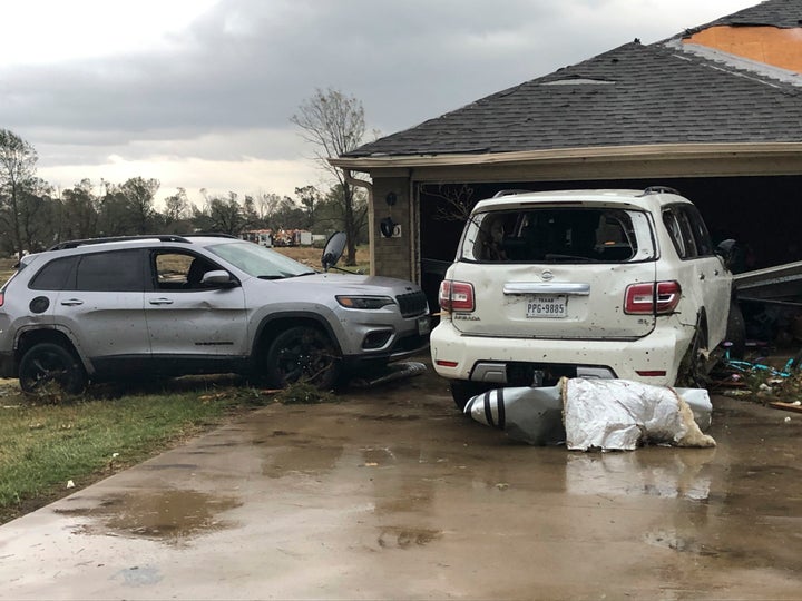 This partially destroyed home was among the scenes of devastation visible in all directions along Lamar County Road 35940, west of State Highway 271, after a massive tornado hit the area, causing extensive damage and destroying an unknown number of homes, Friday, Nov. 4, 2022 in Powderly, Texas. (Jeff Forward/The Paris News via AP)