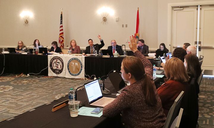 Members raise their hands during a vote in a joint board meeting of the Florida Board of Medicine and the Florida Board of Osteopathic Medicine, Friday, Nov. 4, 2022, in Lake Buena Vista, Florida., to establish new guidelines limiting gender-affirming care in Florida. 