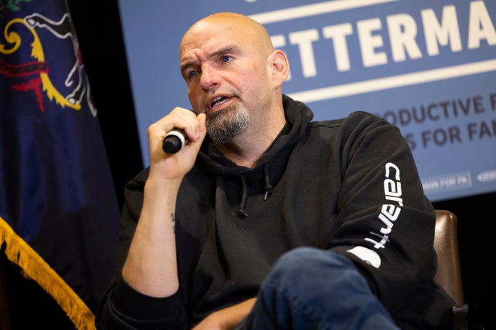 Pennsylvania Lt. Gov. John Fetterman, a Democratic candidate for U.S. Senate, and Pennsylvania Congresswoman Mary Gay Scanlon, discuss reproductive freedom and the economy in Upper Darby, Pa., Friday, Nov. 4, 2022. (