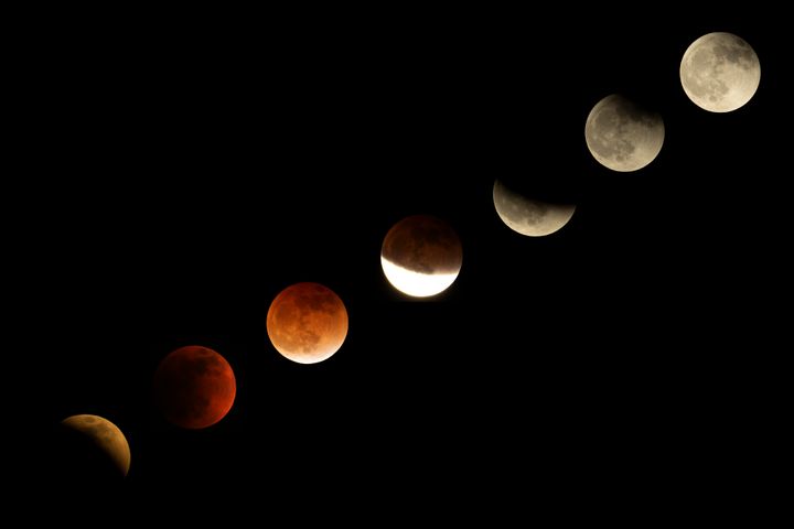 This combination of pictures shows the moon in various stages of a total lunar eclipse.