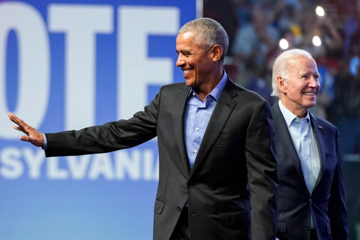 Former President Barack Obama and President Joe Biden arrive at a campaign rally for Pennsylvania's Democratic gubernatorial candidate Josh Shapiro and Democratic Senate candidate Lt. Gov. John Fetterman, Saturday, Nov. 5, 2022, in Philadelphia. (AP Photo/Patrick Semansky)