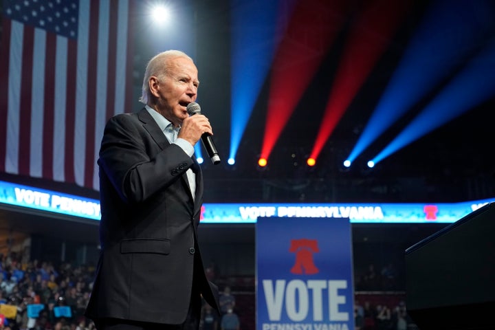 President Joe Biden speaks at a campaign rally for Pennsylvania's Democratic gubernatorial candidate Josh Shapiro and Democratic Senate candidate Lt. Gov. John Fetterman, Saturday, Nov. 5, 2022, in Philadelphia.