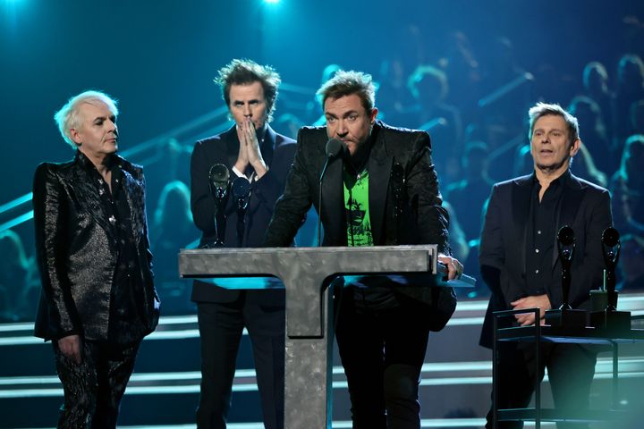 Nick Rhodes, John Taylor, Roger Taylor and Simon Le Bon of Duran Duran speak onstage during the 37th Annual Rock & Roll Hall of Fame Induction Ceremony