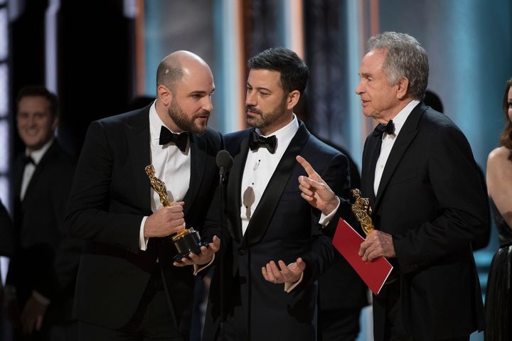 Jimmy Kimmel (center) dealt with the chaos in the 2017 ceremony when the wrong best-picture winner was called.