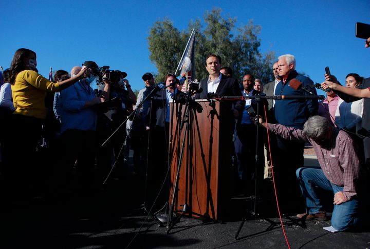 Former Nevada Attorney General Adam Laxalt speaks to the news media during a press conference by members of Donald J. Trump for President, Inc., outside Clark County Election Department on Nov. 5 in North Las Vegas.