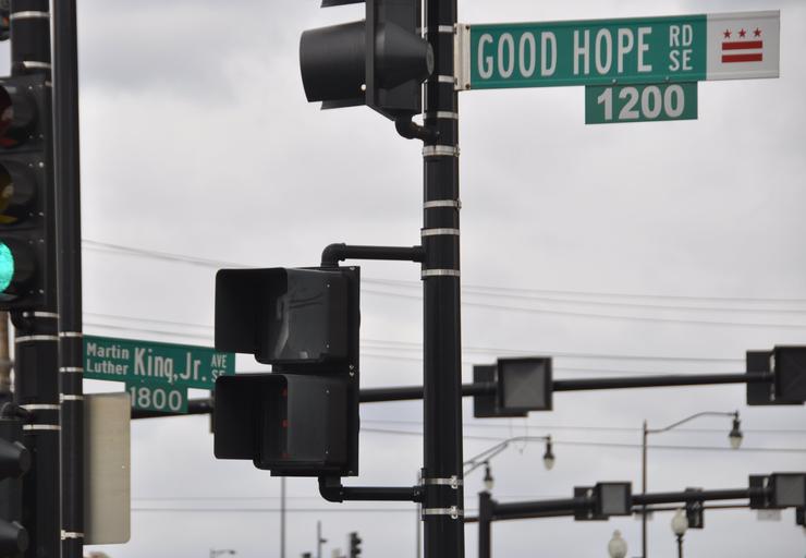 The Good Hope Road and Martin Luther King Jr. Ave. cross in Anacostia, a district in Washington, D.C.