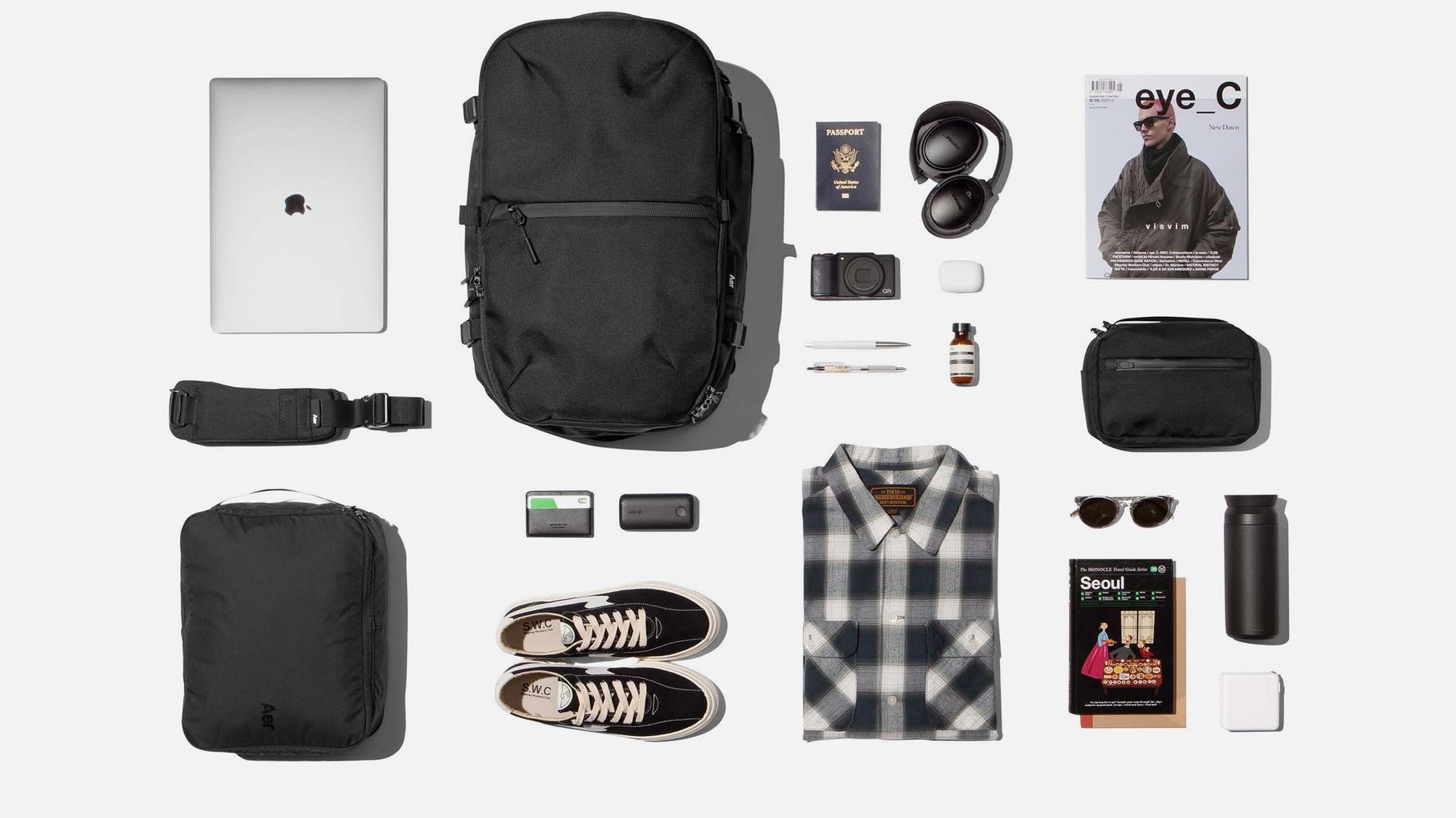 Minimalistic backpacks, tote bags, travel bags, and leather goods.