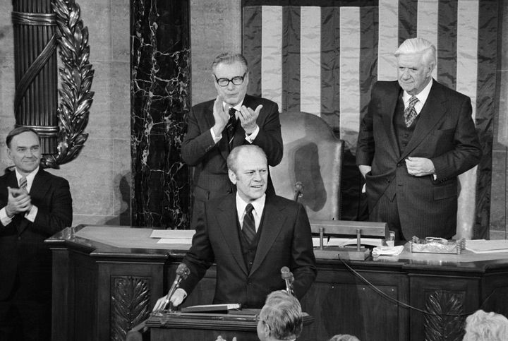 Former President Gerald Ford, seen here delivering the 1977 State of the Union address, is widely remembered for his statesmanship and putting the public interest before party. Cheney mentioned Ford, a Michigander, in her appearance to endorse Slotkin. "I think Jerry Ford would be supporting Elissa Slotkin," she said.